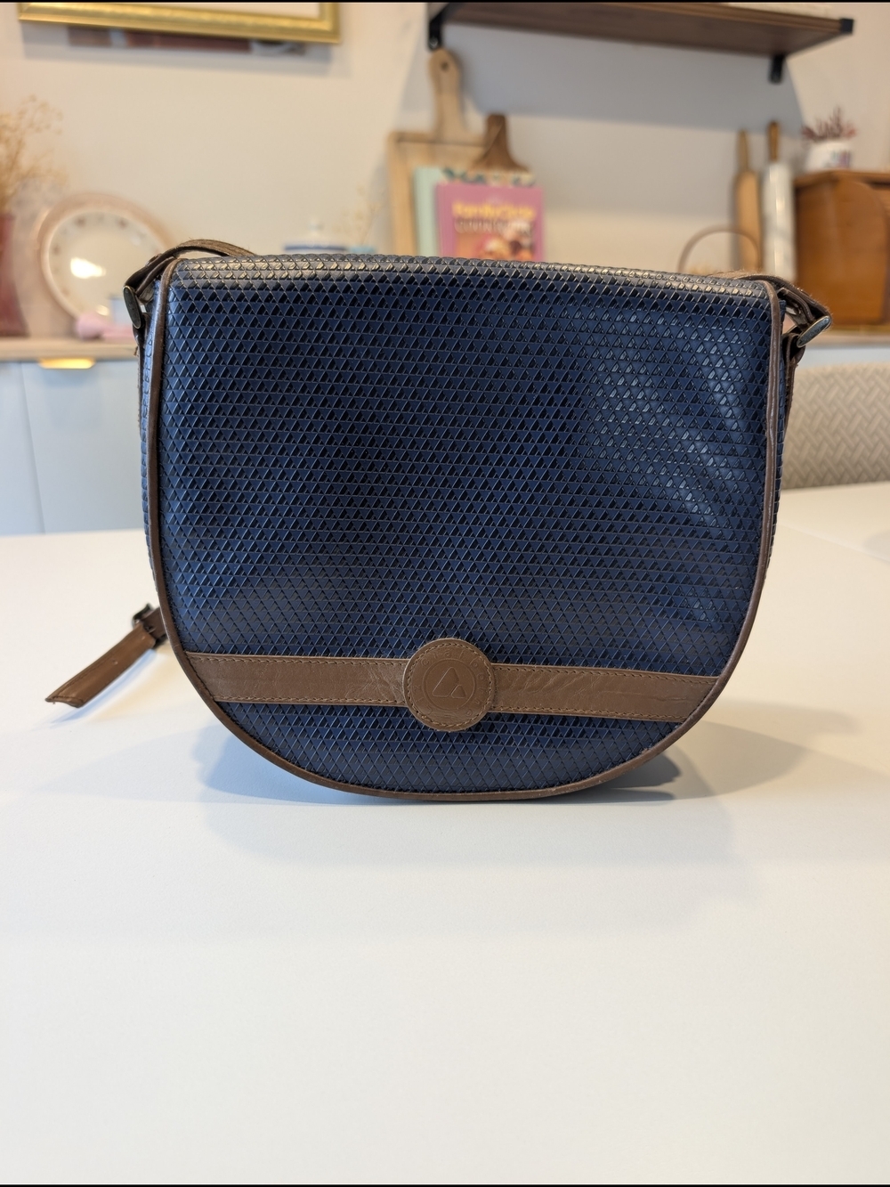 Vintage 80s Liz Claiborne Navy Blue Geometric Crossbody Saddle Bag - Picture 2 of 12